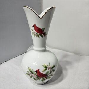Vintage Lefton White Porcelain Bud Flower Vase Red Cardinal Bird Gold Trim